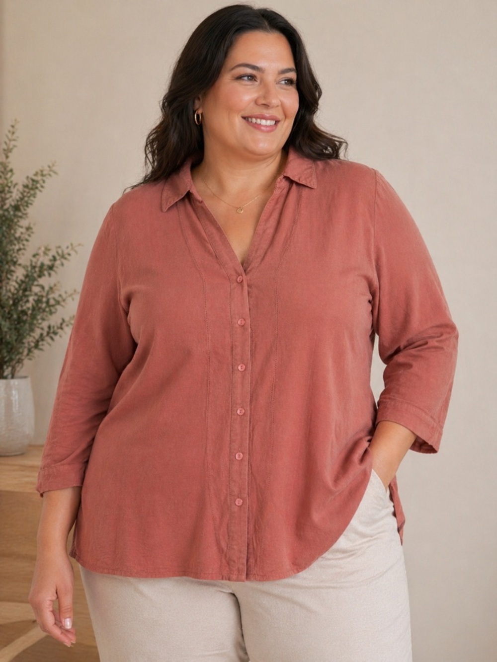 Preswick & Moore Women's 2X Dusty Rose‎ Linen Blend Relaxed Button Front Blouse